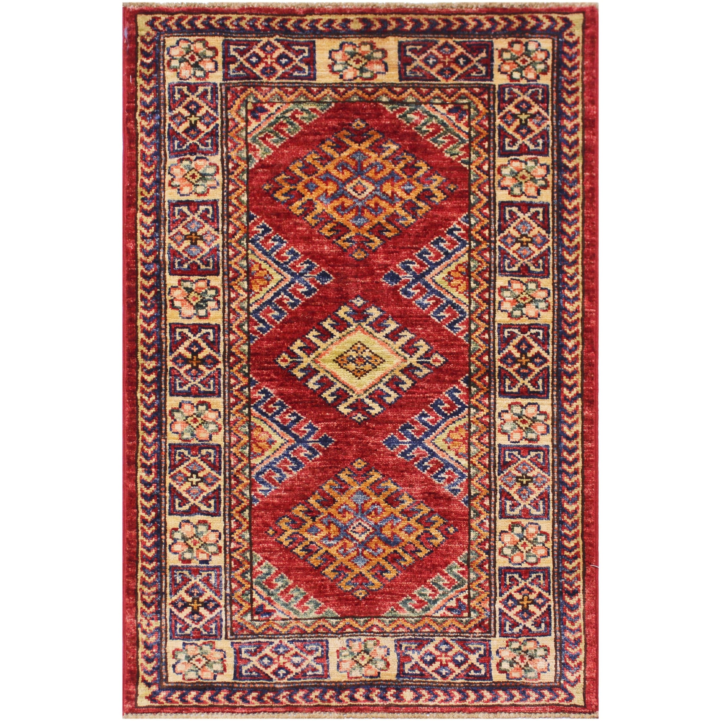 Tribal Super Kazak Caspian Red/Beige Hand Knotted Wool Rug - 2'0'' x 2'10''