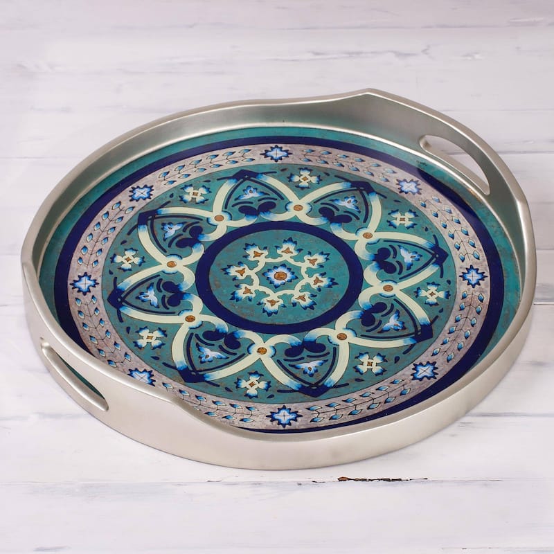 NOVICA Reverse-painted glass tray, 'Floral Intricacy in Silver'