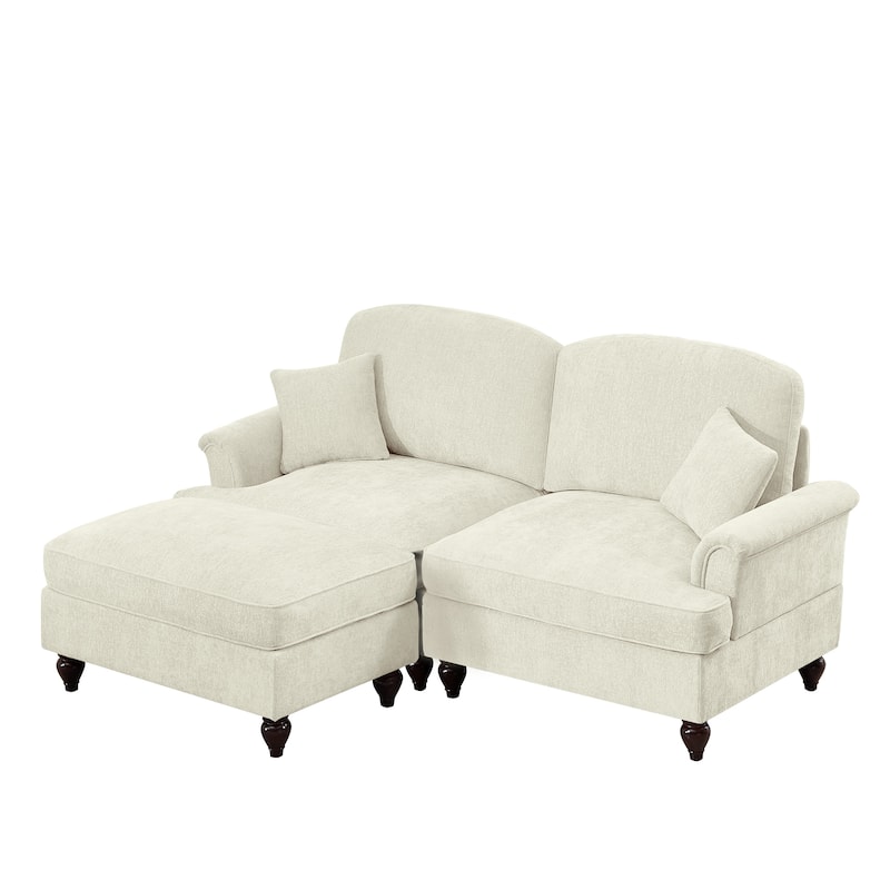 76.4" L Shaped 2-Seat Sectional Sofa, Chenille Couch with Ottoman, Flared Arms Loveseat with Removable Ruffles Pleats Skirts