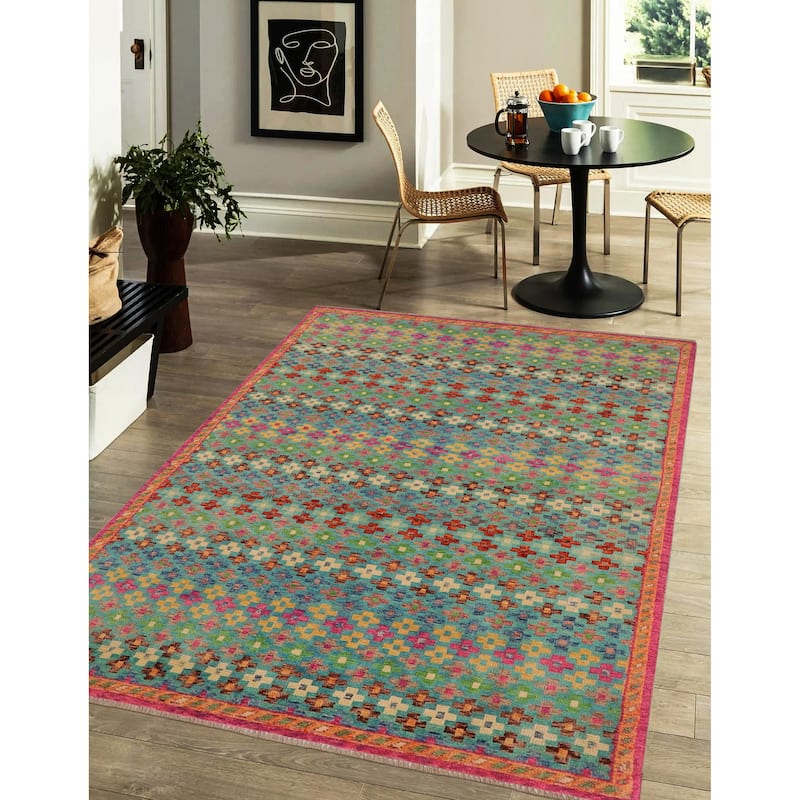 Contemporary Balochi Olson Blue/Orange Hand Knotted Wool Rug - 4'10'' x 8'3''