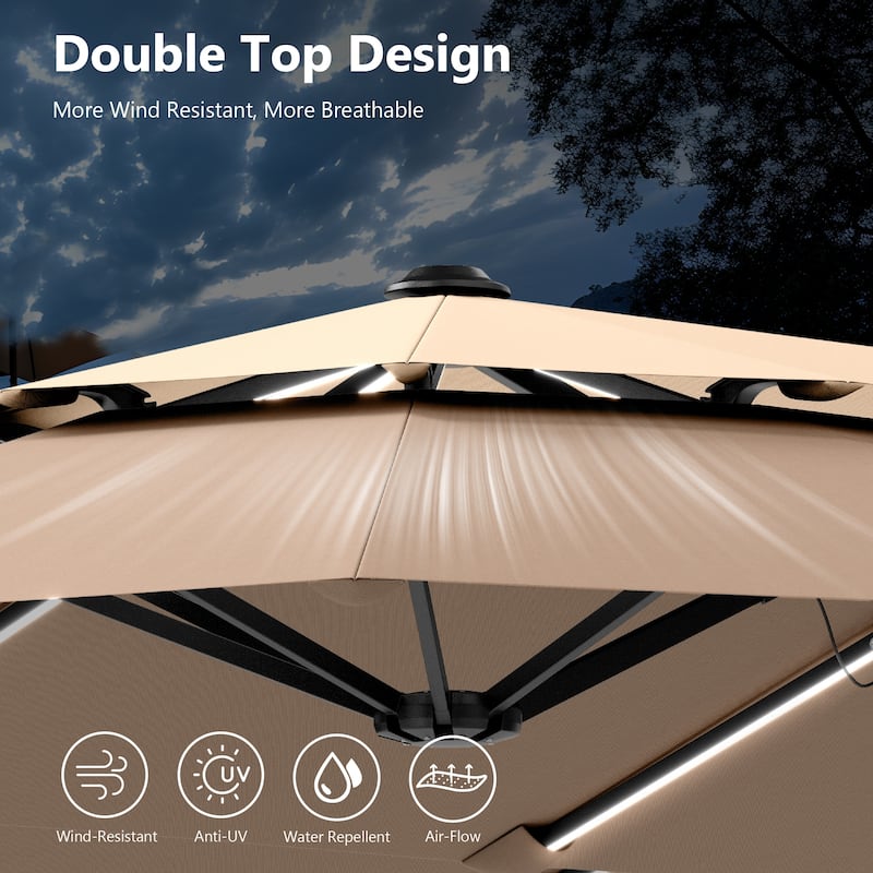 MAISON ARTS 13ft Double-Sided Outdoor Umbrella, 2-Tier Vented Market Umbrella with Colored Lights and Base