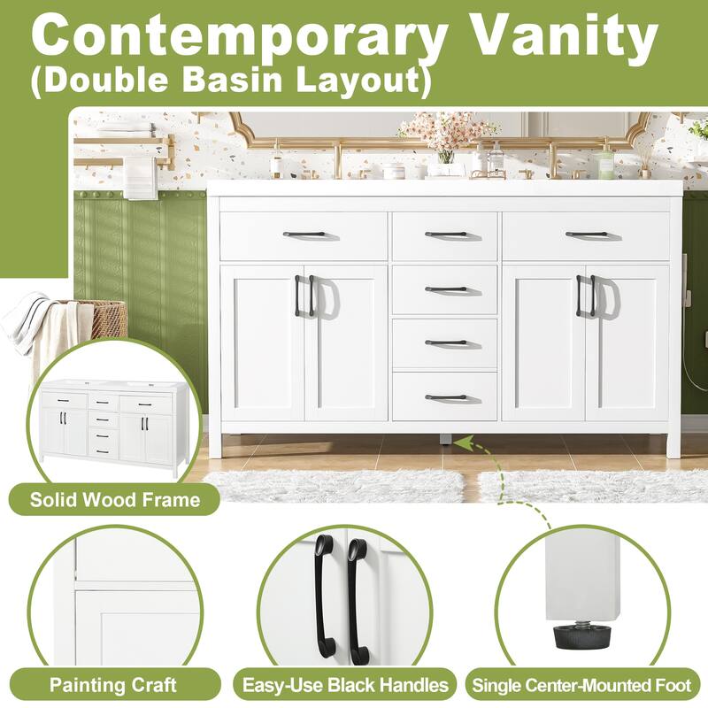 59.3" Modern Double Bathroom Vanity, Solid Wood Frame with SMC Sinks, Soft-Close Doors & Drawers