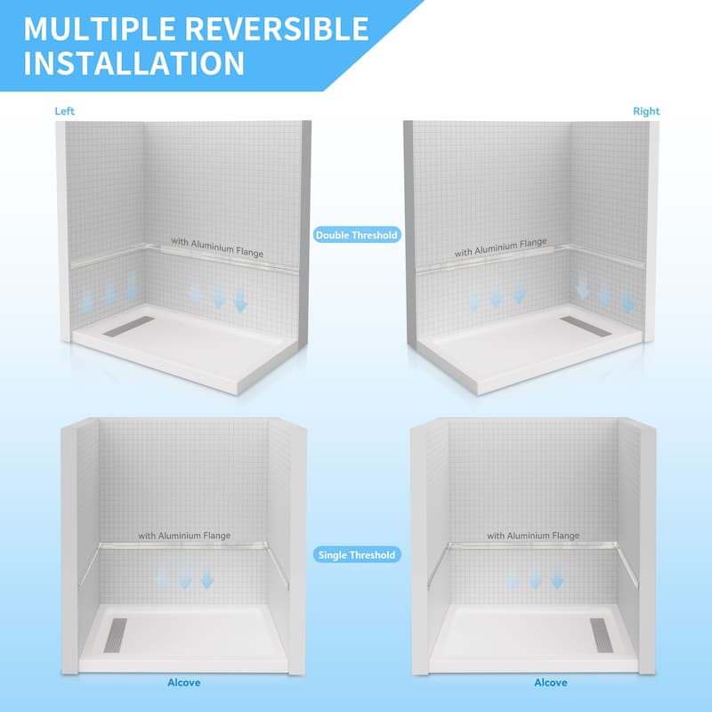 i-Homare 36" X 60" Rectangular Shower Base with Side Trench Drain and 3 Aluminium Flanges,Including Drain Cover