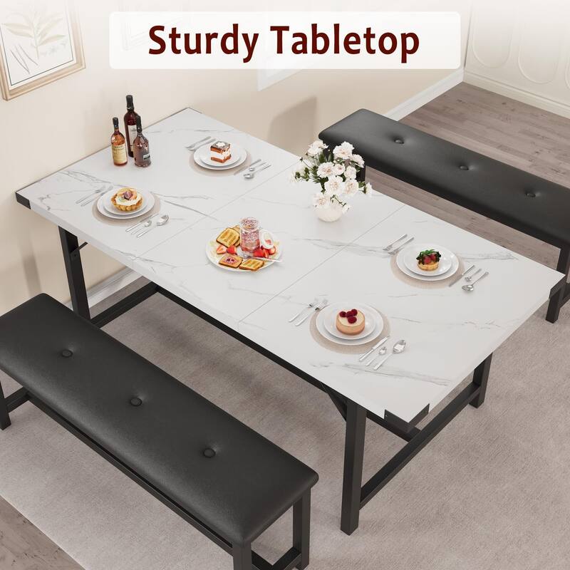 Dining Table Set for 4-6, 63" Extendable Wood Dining Room Table with Corner Protector & 2 Upholstered Benches