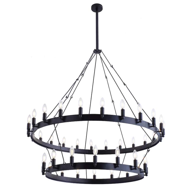 Industrial 2-Tier Candle Style Black 40-Light Wagon Wheel Chandelier