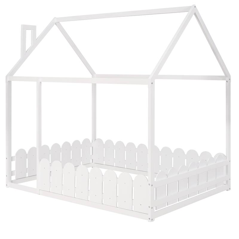 Full Size Wood House Bed Frame with Fence for Kids and Teens, White