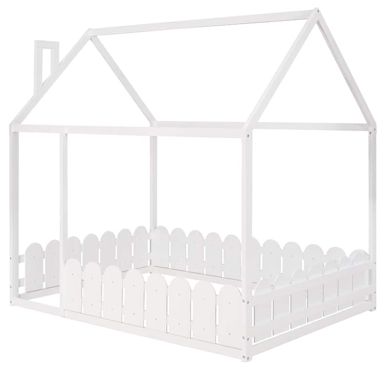 Wood Bed House Bed Frame with Fence