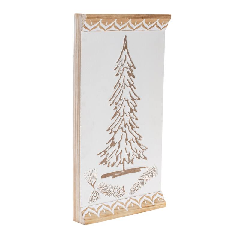 White and Brown Carved Wooden Pine Tree Wall Hanging Rustic Christmas Home Entryway Decor - 10.25”L x 2”W x 19”H