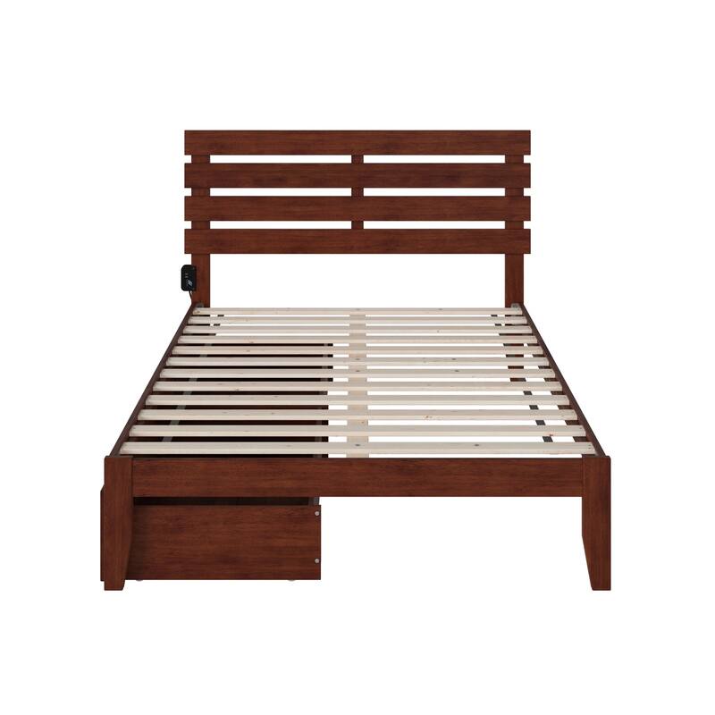 Full Walnut Platform Bed with USB Turbo Charger, Two Rolling Storage Drawers, and Durable Slat Support