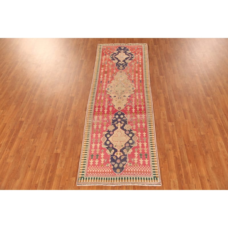 Hand Knotted Oriental 100% Wool Carpet Traditional Geometric Pink Tabriz Runner Rug - 9' 7'' X 3' 3''