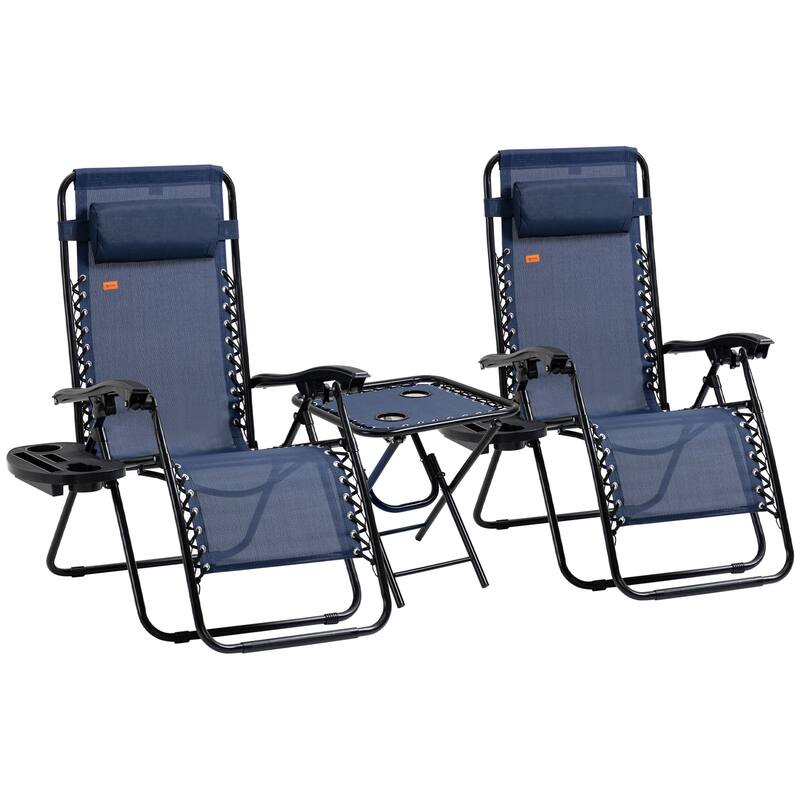 3-Piece Folding Outdoor Zero Gravity Lounge Chair Set with Side Table, Folding Chairs with Cupholders & Pillows