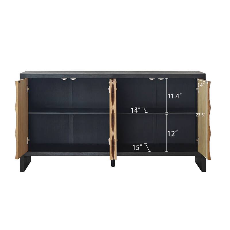 Rustic 4-Door Wood Storage Cabinet Buffets with Geometric Pattern,Adjustable Shelves Natural Wood Sideboard Cabinet