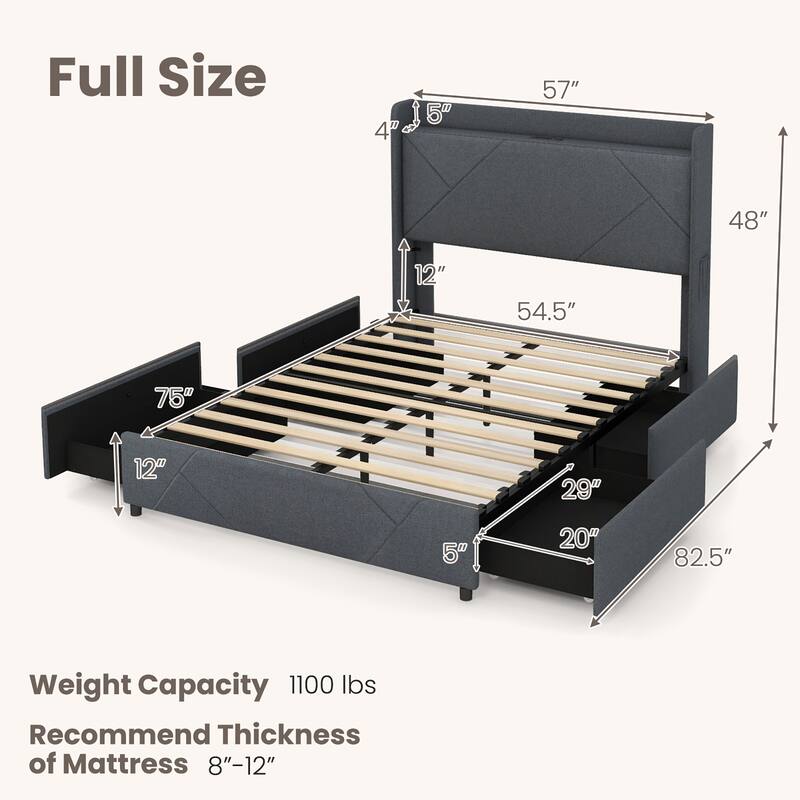 Gymax Bed Frame w/LED Lights Charging Station 2 Storage Pockets & 4