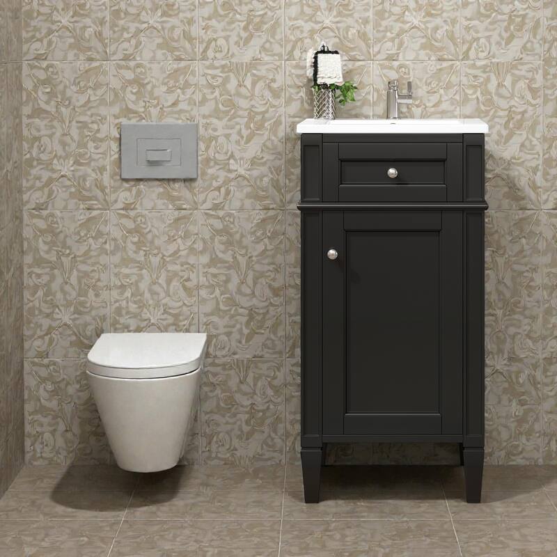 16 Inch Bathroom Vanity with Ceramic Sink, Freestanding Single Vanity, Soft Close Door, French Style Solid Wood Legs