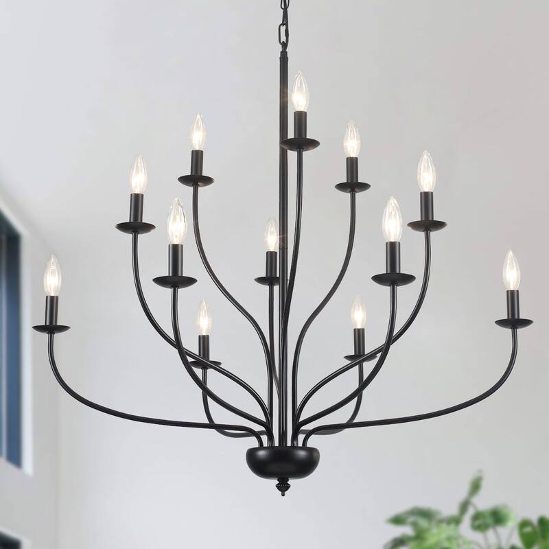12-Light Candlestick Hanging Linear Chandelier Lighting 3-Tier Ceiling Light Fixture for Kitchen Island - Black