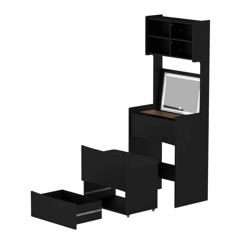 Dressing Table with Flip Top LED Illuminated Mirror, Makeup Vanity Dressing Table with Removable Upholstered Stool