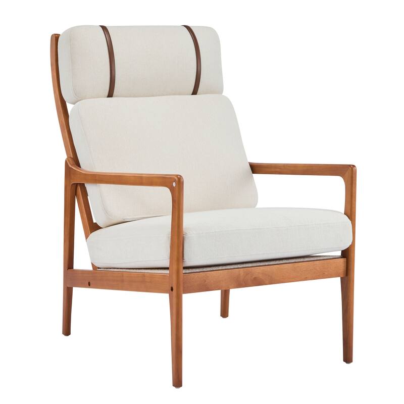 Mid Century Modern Accent Armchair, Solid Wood Frame with High Back, Beige Upholstered Cushions, Ergonomic Lounge Chair