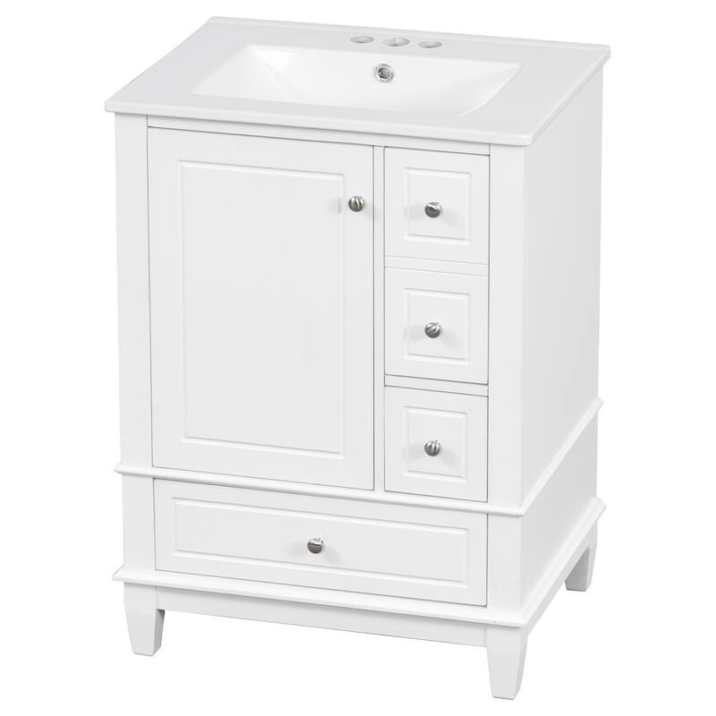 24" Bathroom with Sink and Drawers,Freestanding Cabinet with Ceramic Top and Shelves,MDF and Wood Base,Modern Sink Cabinet