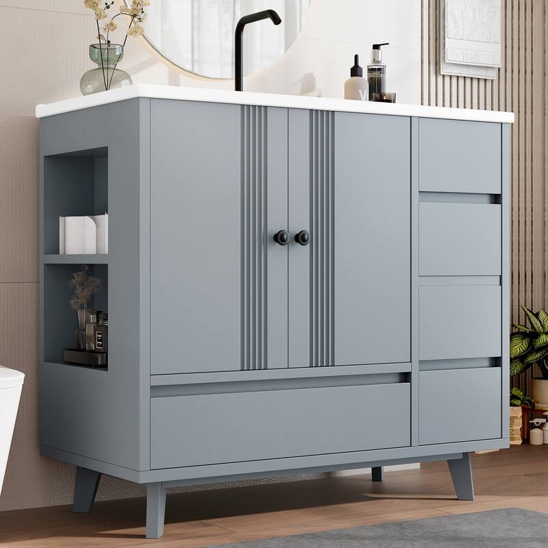 36" Freestanding Bathroom Vanity with Sink - Wood Cabinet with 4 Drawers & Side Storage Rack, Ceramic Basin