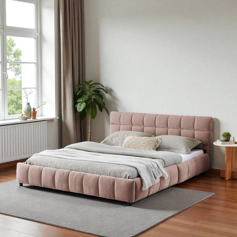 Queen Upholstered Platform Bed with Chenille Fabric, Soft Headboard & Underbed Storage Drawer, Solid Bed Frame