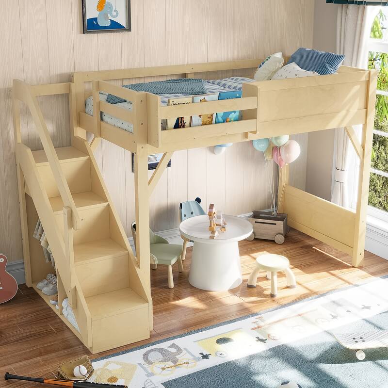Full/Twin Loft Bed with Built-in Wardrobe, Storage & Stairs - Solid Wood, Full-Length Guardrails, No Box Spring