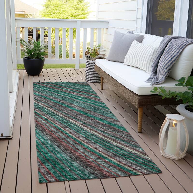 Machine Washable Indoor/ Outdoor Stripe Wave Chantille Rug - Emerald - 2'3" x 7'6"