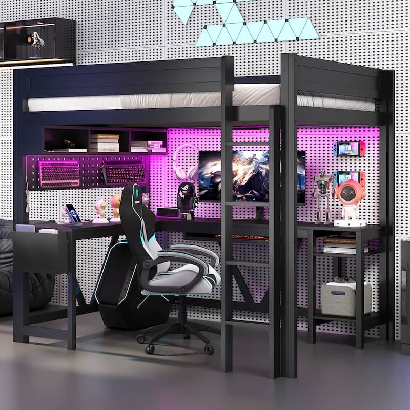 Wood Full Size Gaming Loft Bed Frame with Computer Desk, Grid Storage Panel, Storage Shelves, Cabinet, LED and Charging Station - Black - Full