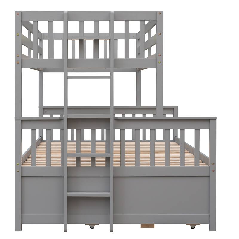 HomeRoots Gray Twin Over Full Solid Wood Bunk Bed With Drawers And Trundle And Storage