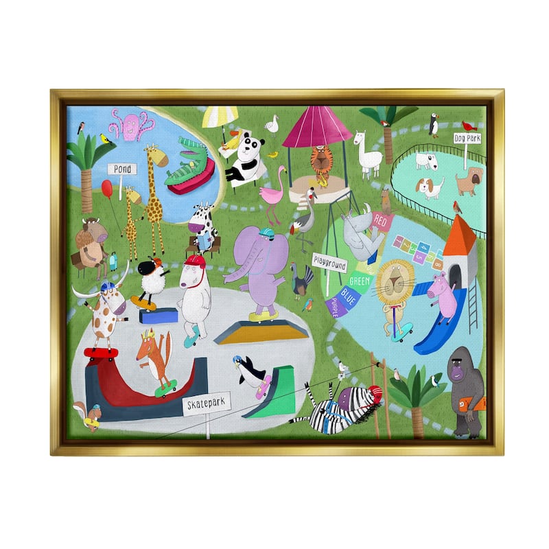 Stupell Animals in Skateboard Park Framed Floater Canvas Wall Art Design by Carla Daly - 21 x 17 - Gold