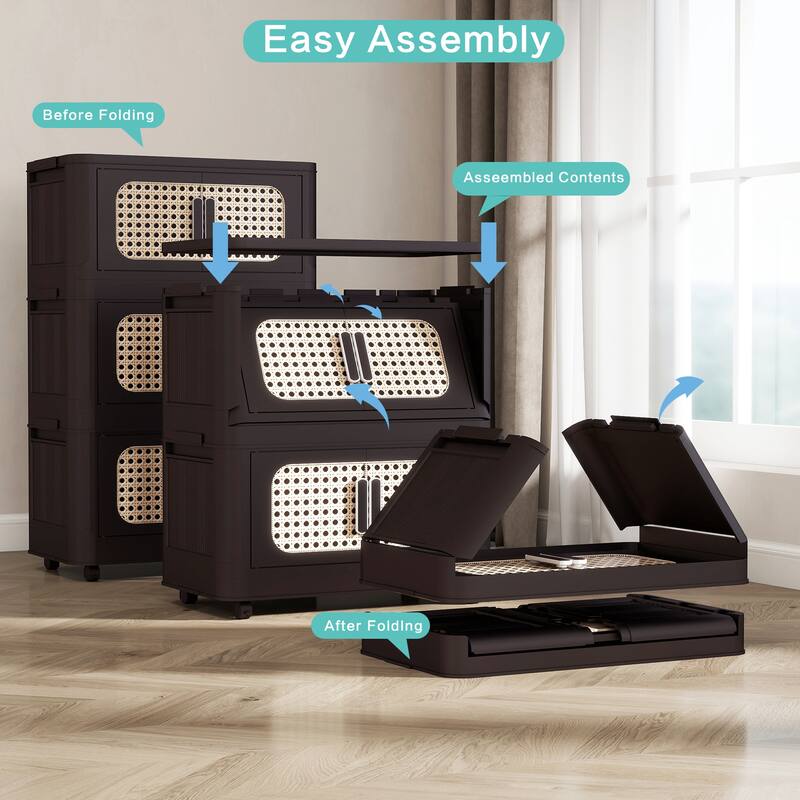 Anmytek Retro Brown 5 Tier Collapsible Plastic Storage Cabinet with Wheels Magnetic Door 20" Wide