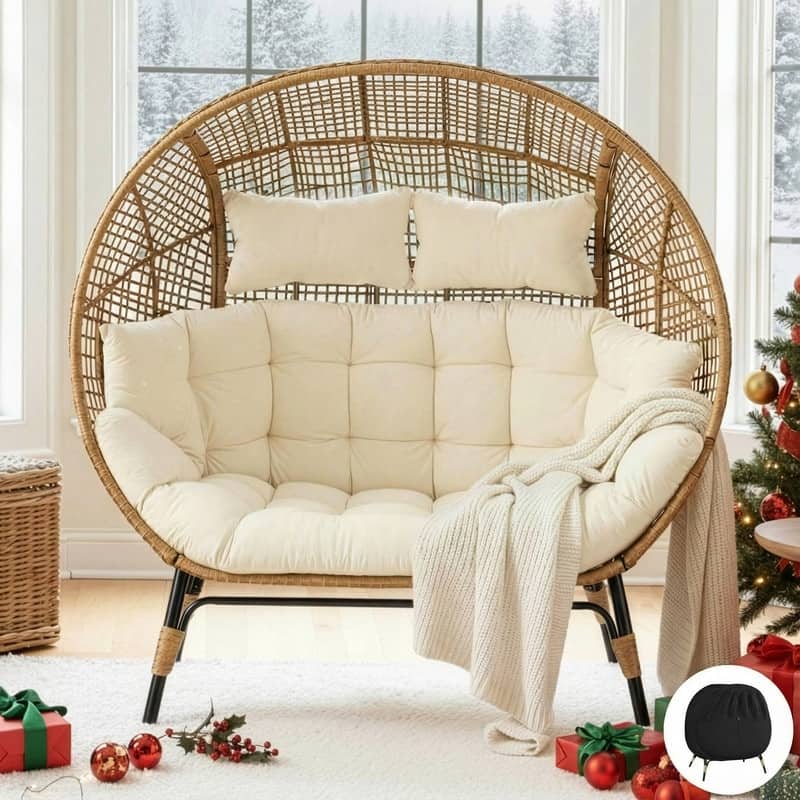 FINCATI 2-Person Indoor/Outdoor Wicker Egg Chair Loveseat, 57.1-in Wide, 6.5-in Cushion, 680-lb Capacity - Beige w/ Cover