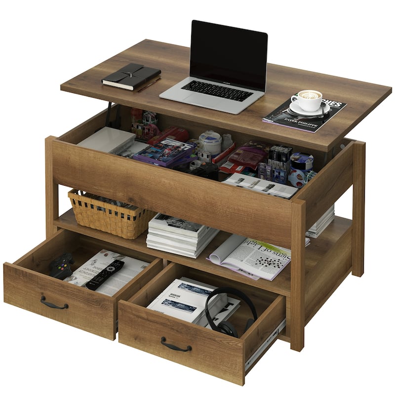 Wood Lift Top Coffee Table with Storage Shelf and Drawers - Brown