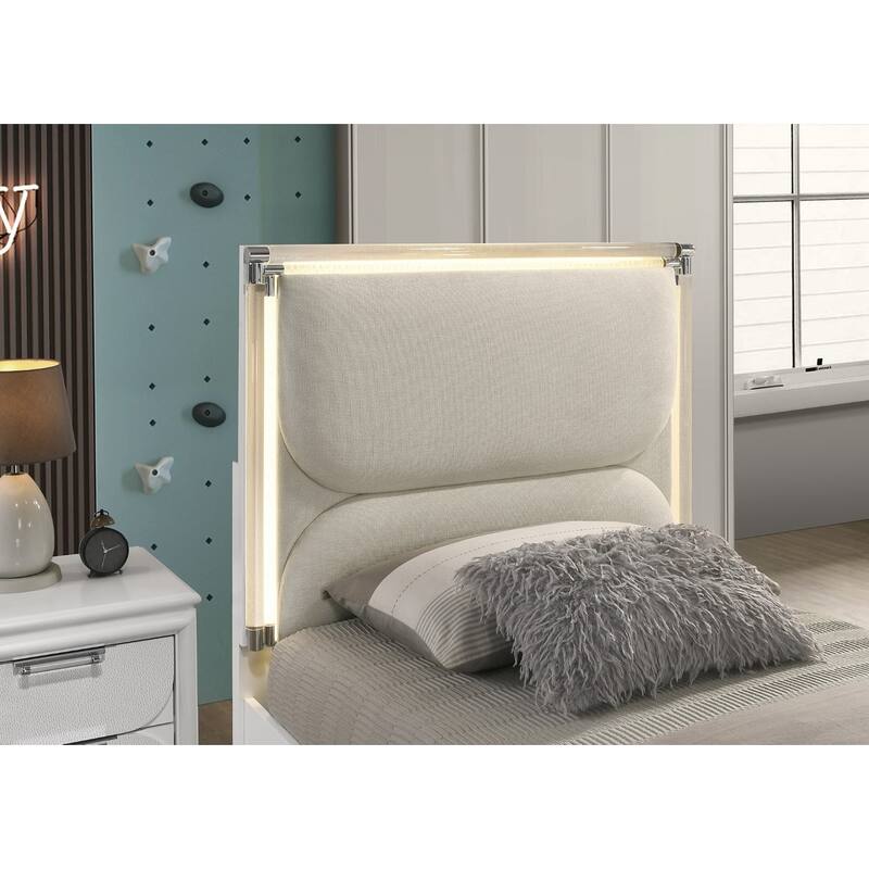 Pearl White Upholstered Twin Bed with LED Headboard and Trundle, Contemporary Design