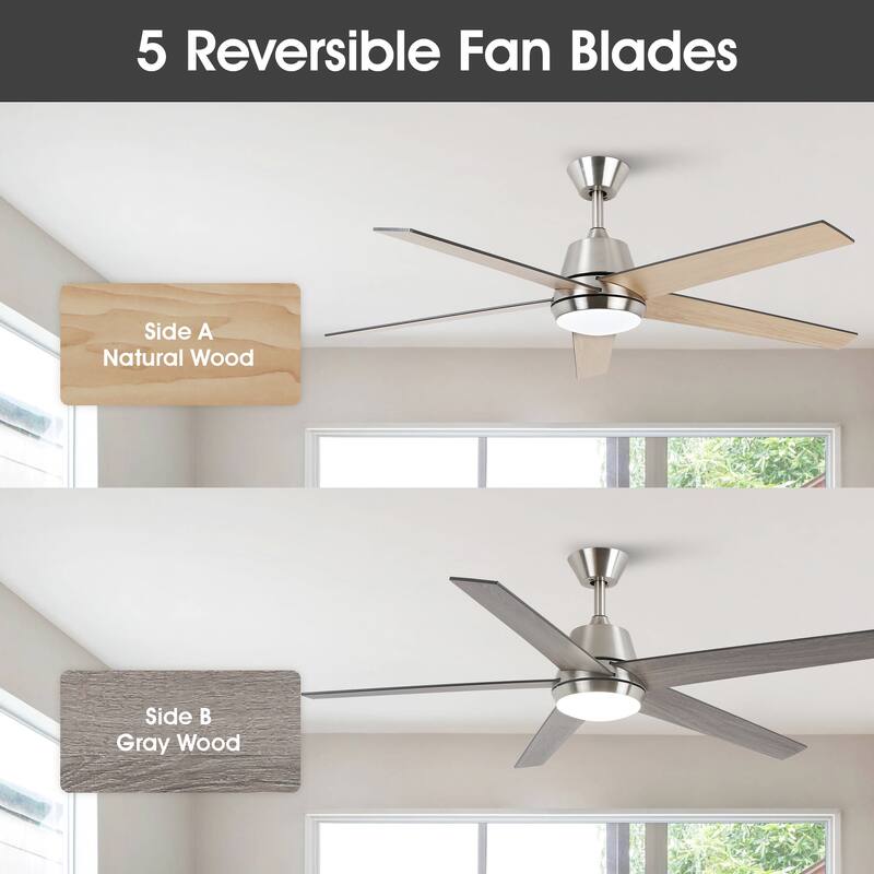 52" Modern Reversible 5-blade Brushed Nickel LED Smart Ceiling Fan with Light and APP