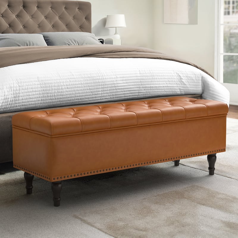 Tufted Storage Bench, Upholstered Ottoman with Storage - 50.8" W X 17.1" D X 18.3" H - Camel