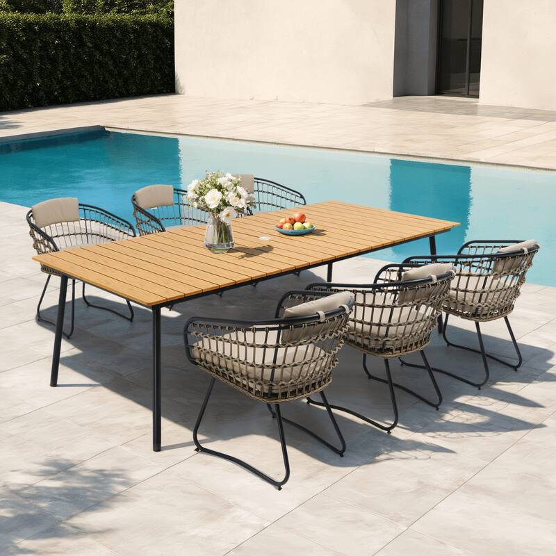 5/7/9-Piece Dining Set Outdoor Patio Aluminum Dining Table and PE Rattan Wicker Dining Chairs - Chairs with Beige Cushion - Set of 7