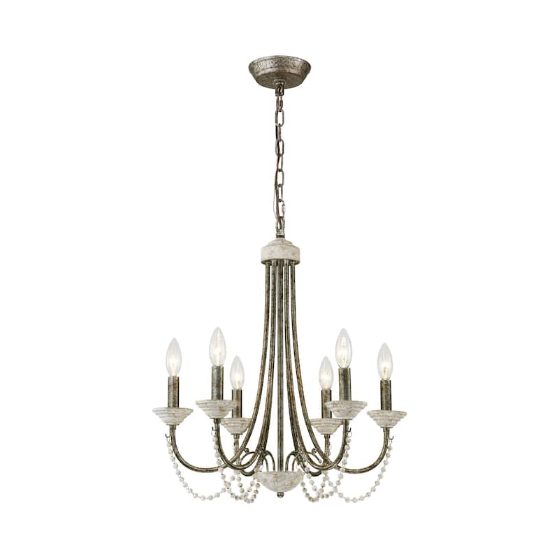 6-Light 20" Rustic French White Antiqued Wood Beaded Chandelier Light for Dining Room, Living Room