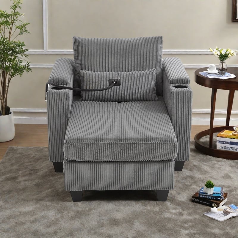 Corduroy Convertible Lounge Chaise with USB Ports, Cup Holders and Storage