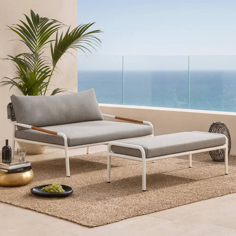 Shia 2 Piece Outdoor Daybed Set, Classic White Aluminum Frames, Ottoman