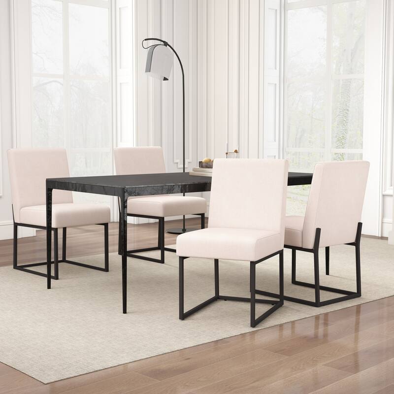 Mid Century Modern Dining Chair with Black Metal Legs - Set of 4 - Beige-unstriped