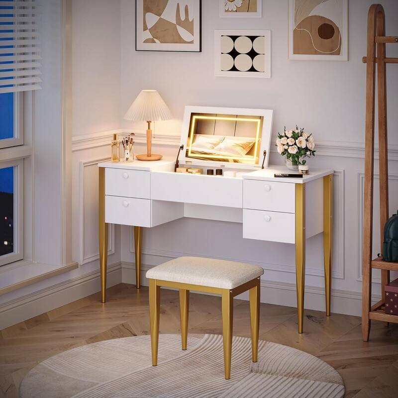 3-in-1 Vanity Desk with Flip Top LED Mirror, 5 Drawers, and Cushioned Stool