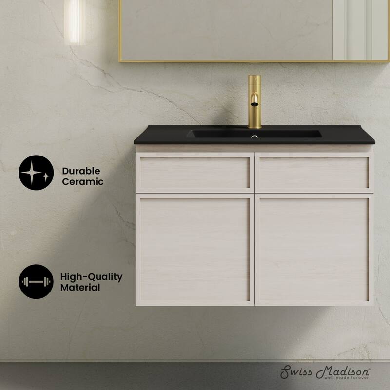 St. Tropez 30" Wall-Mounted Bathroom Vanity In White Oak With Black Sink Top - 30