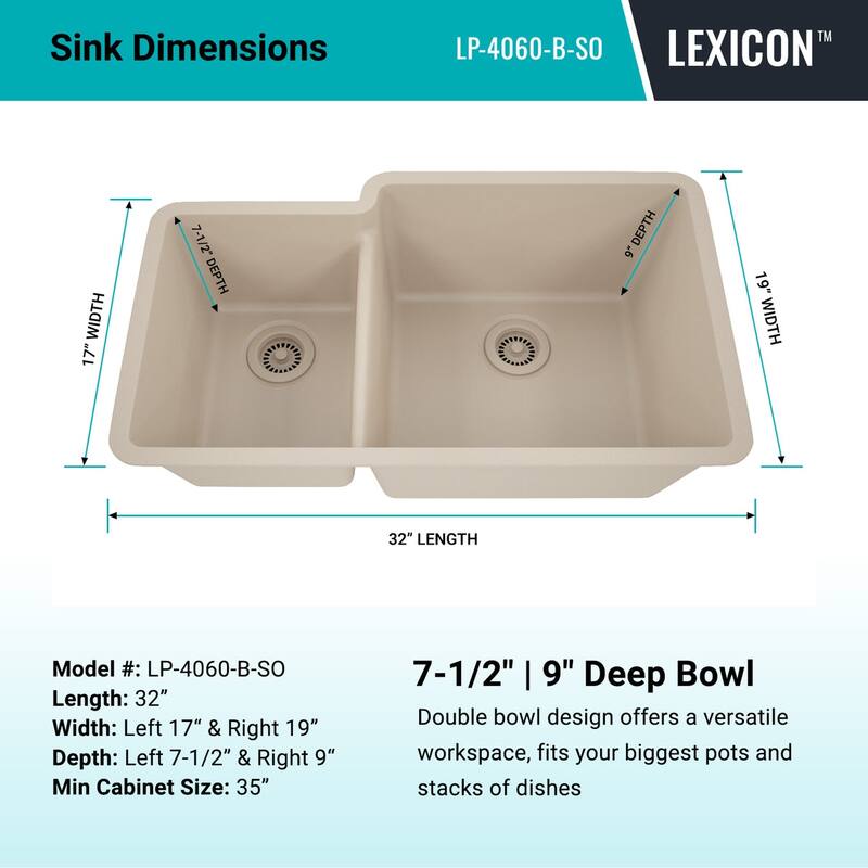 32 Inch Lexicon Platinum Quartz Composite Drop-in Undermount Galaxy Beige - 19" W x 32" L x 9.75" H