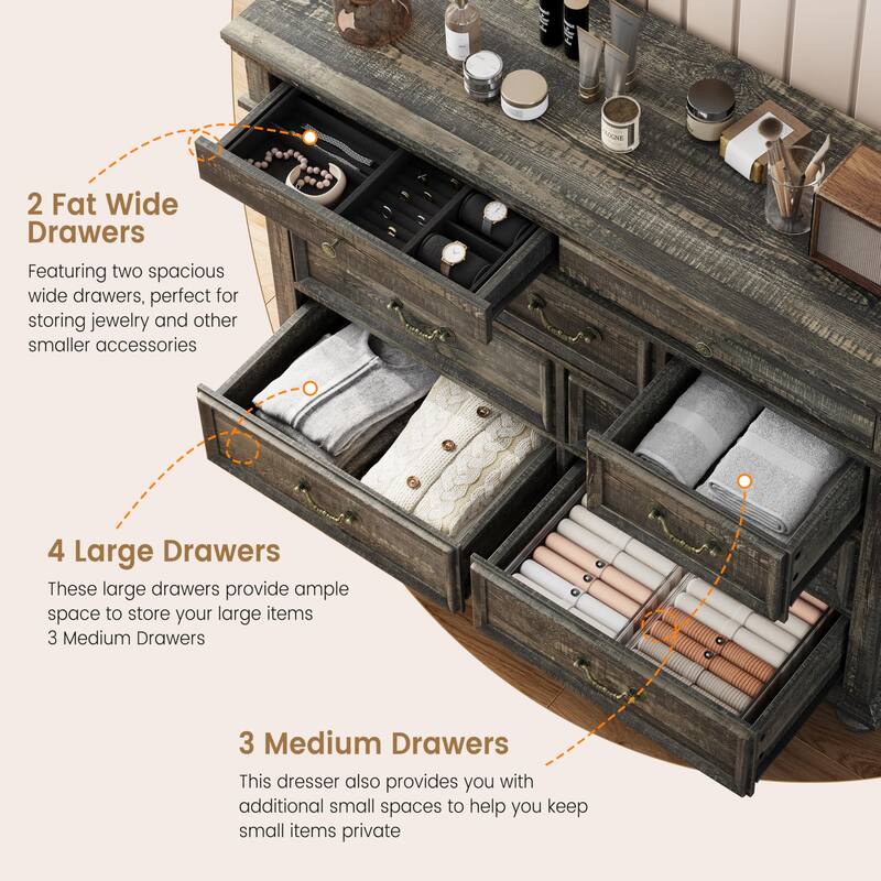 7/9 Drawer Dresser with Jewelry Storage, Rustic Wood Chest with Metal Handles, Vintage Storage Organizer