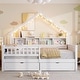 preview thumbnail 3 of 26, Wood House Platform Beds with LED, Storage Shelves, Drawers and Guardrail, Full Size Bed Frame w/Slats Support for Kids