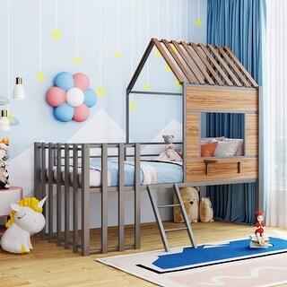 Twin Size Metal Loft Bed with Roof, Window, Guardrail and Ladder for Kids, Boys and Girls, Bedroom