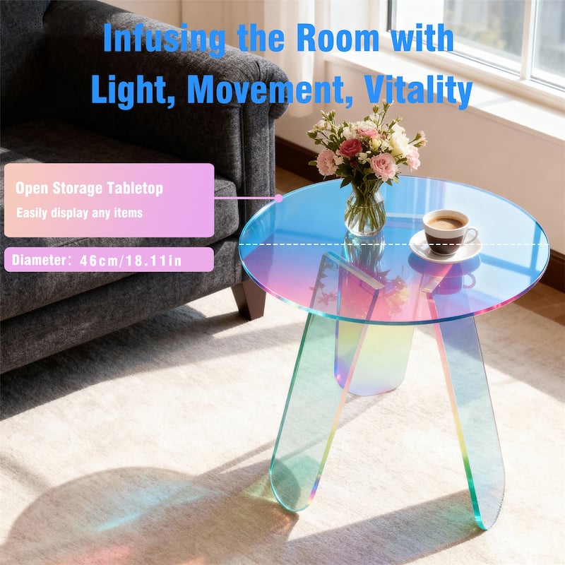 Acrylic Coffee Side Table Round Iridescent Rainbow End Table with PVC Table Cover