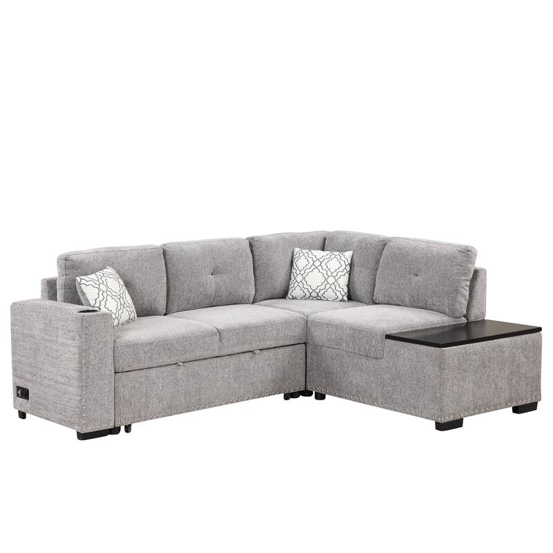 Pull-Out Sofa Bed L-Shape Sectional Sofa, Linen Deep Seat Sofa with Adjustable Headrest, Wireless Charging and Cup Holders