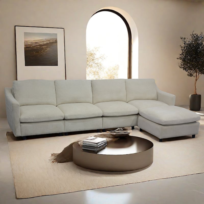 4-Seater Modern Beige Fabric Modular Sofa with Ottoman, Armrest Pockets and 4 Pillows