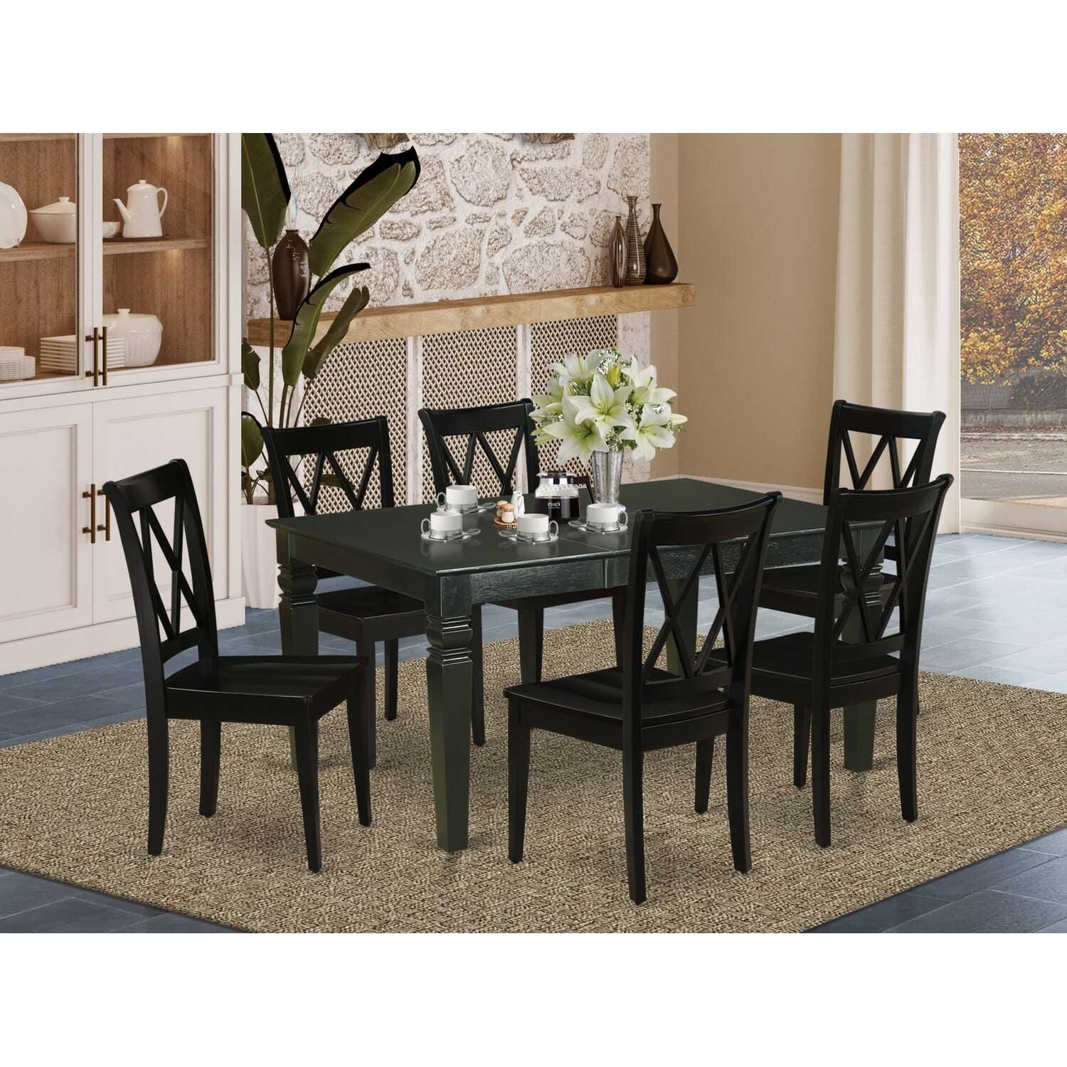 HomeStock 7-Piece Rectangle Black Finish Solid Wood Top Dining Table with 6-Chairs